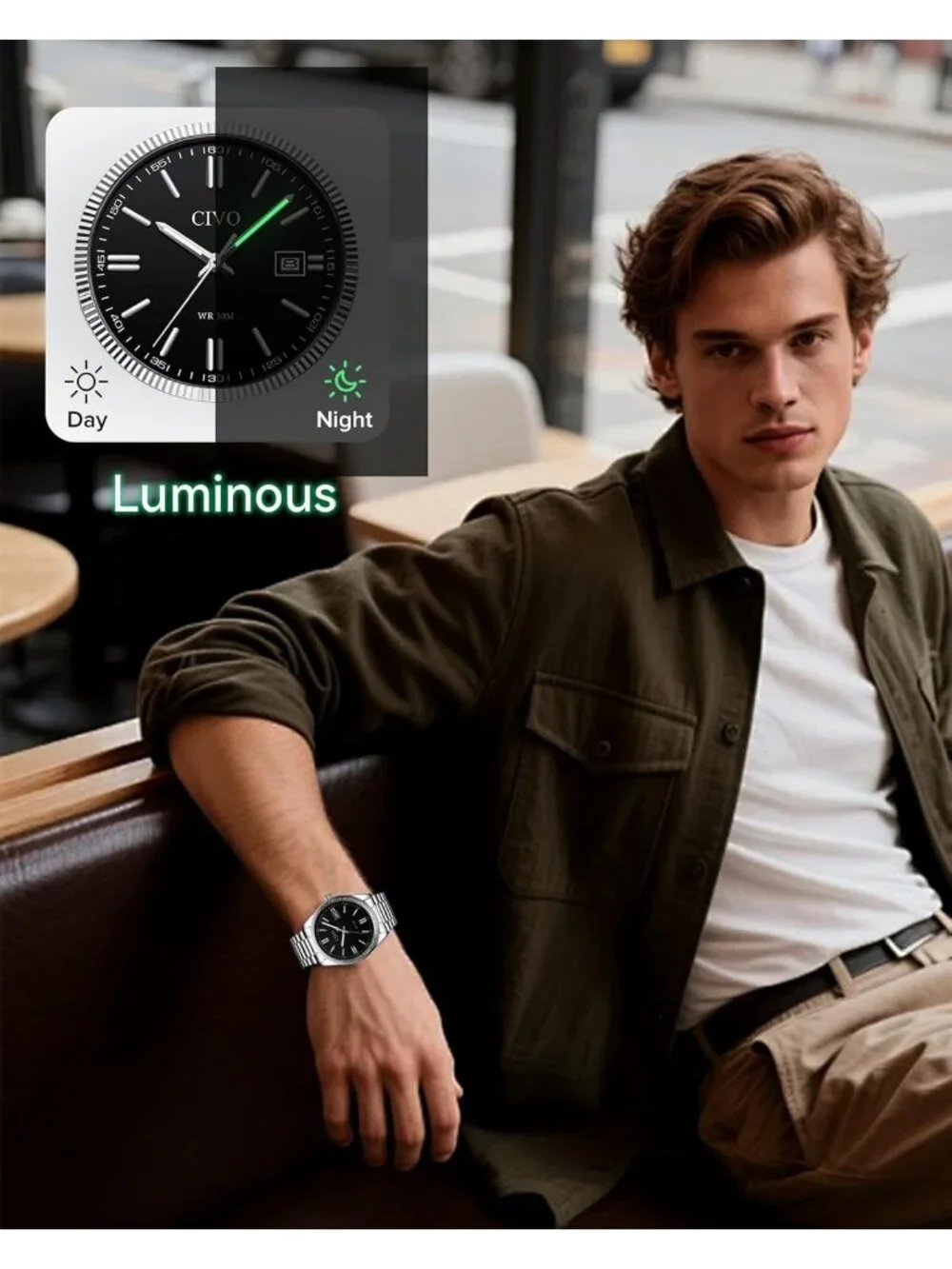 Men Silver Black Analog Quartz Skeleton Stainless Steel Round Casual Wrist Watch